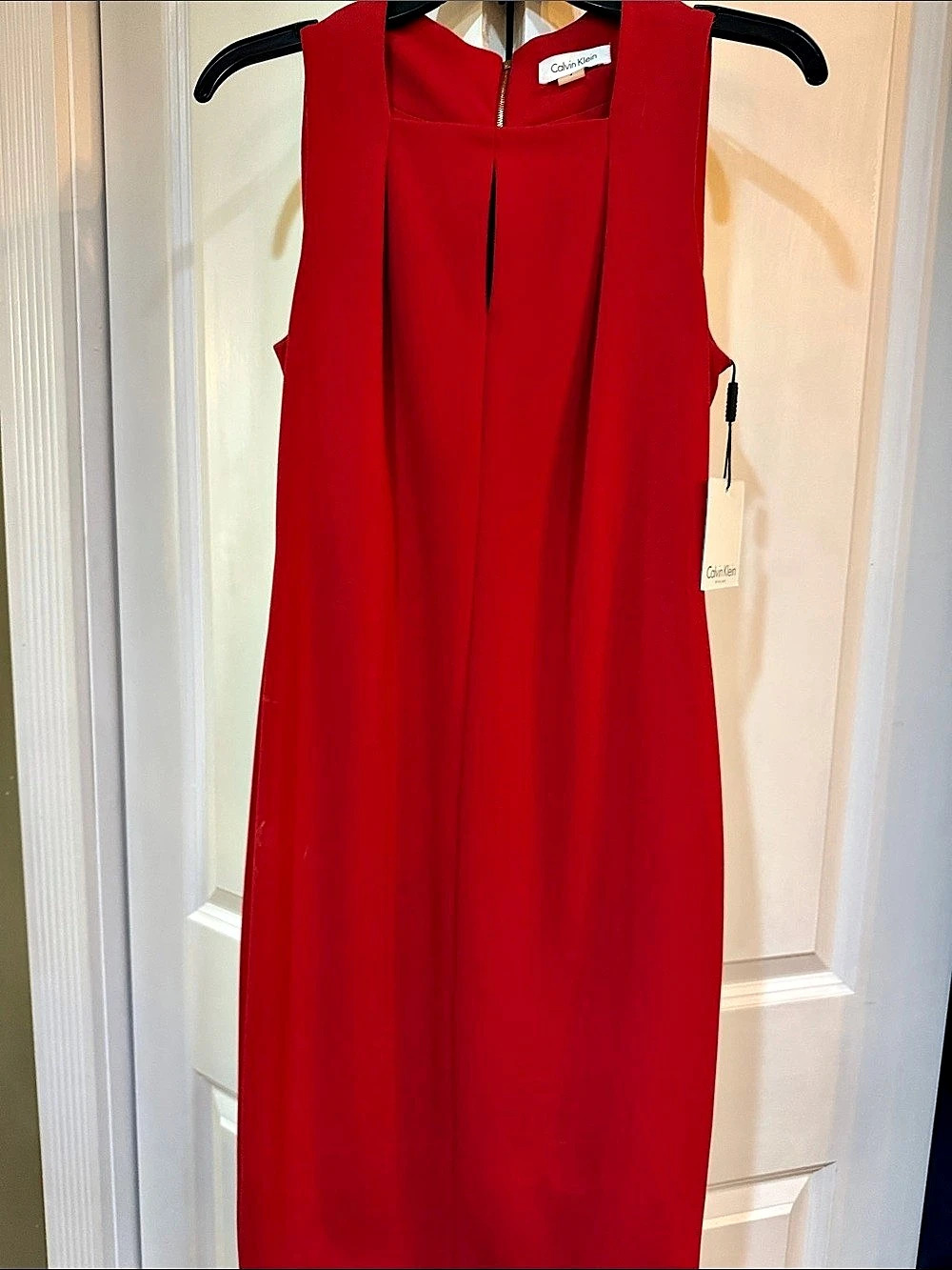 Calvin Klein Cross Pleated Neck Sheath Red Maxi Dress